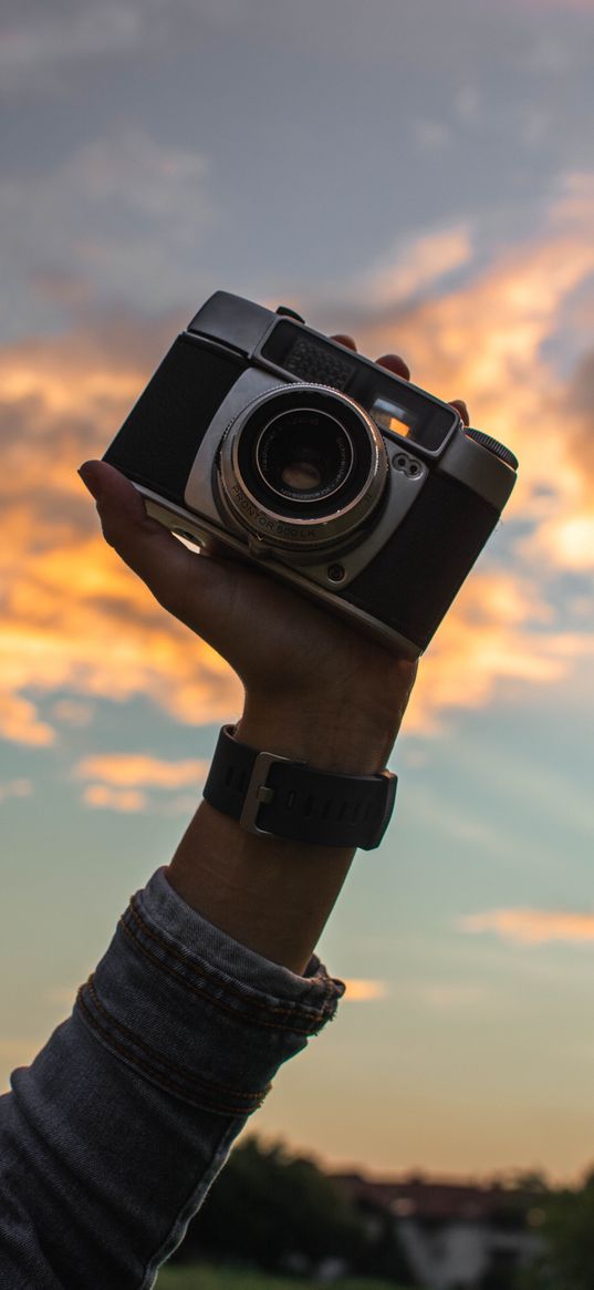 camera, hand, photographer, sky