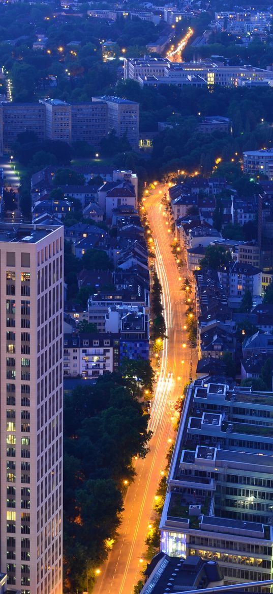 night city, aerial view, skyscrapers, city lights, frankfurt