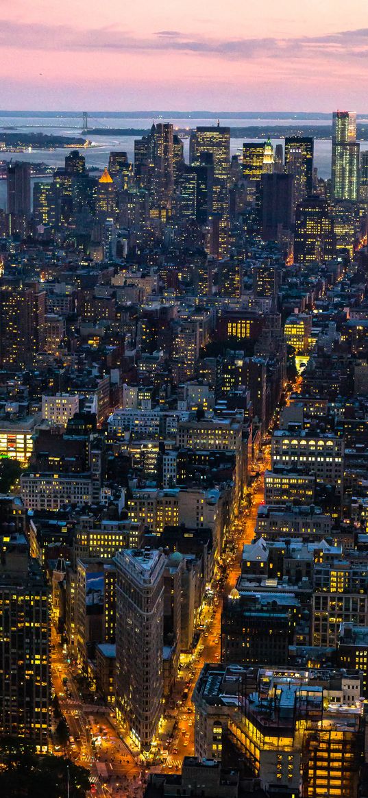 skyscrapers, night city, aerial view, city lights, manhattan, new york