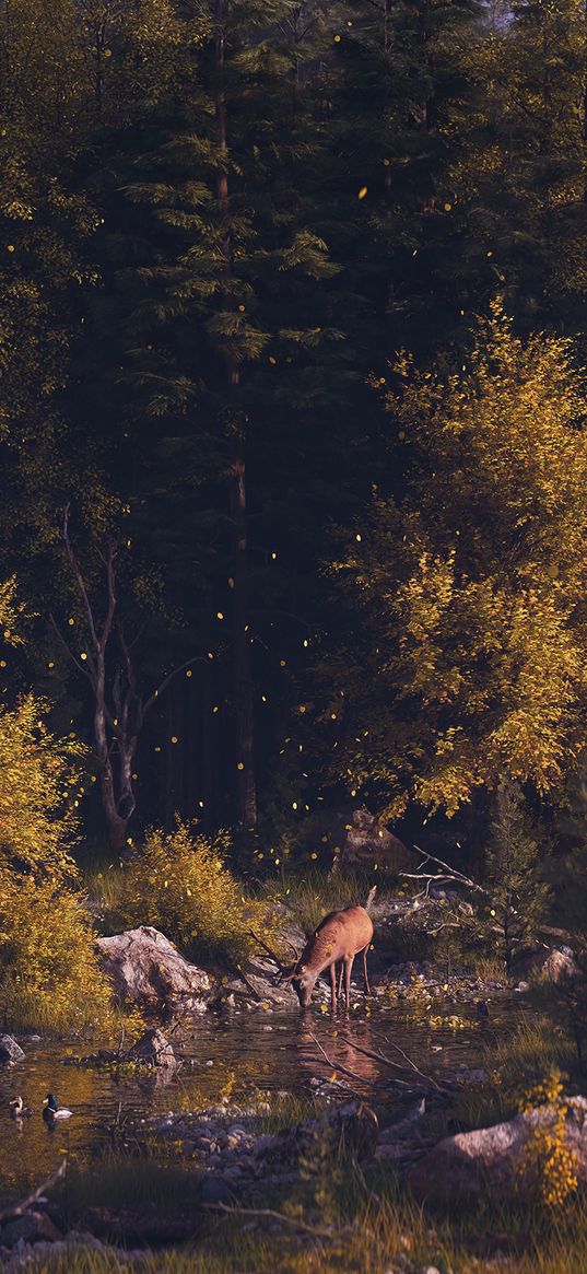 deer, forest, art, river, landscape, wildlife