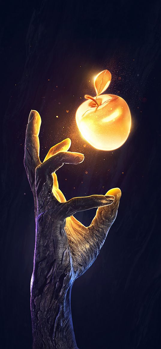 hand, apple, art, golden