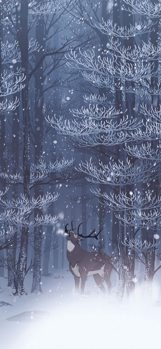 deer, forest, snow, art, wildlife