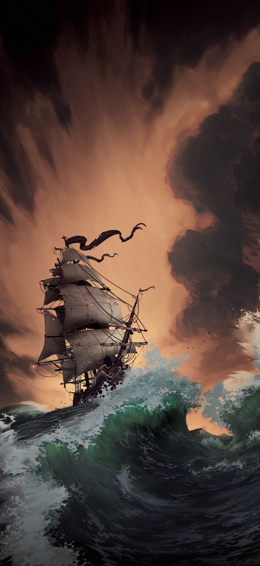 storm, ship, sea, waves, art