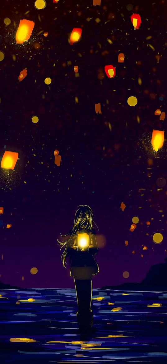 lanterns, silhouette, lonely, art, dark