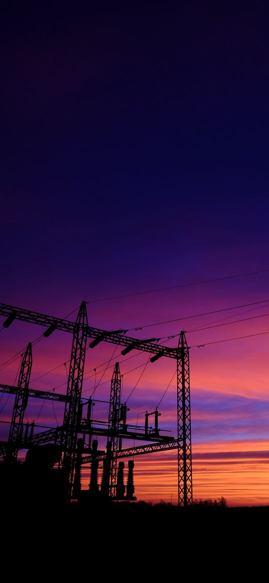 sunset, sky, wires, lines, pillars