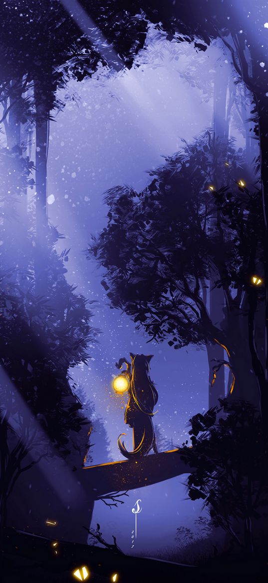 silhouette, forest, lantern, fog, loneliness