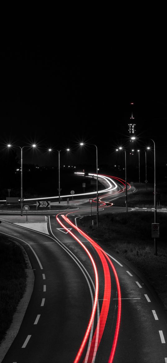 road, night city, motion, markup, bw