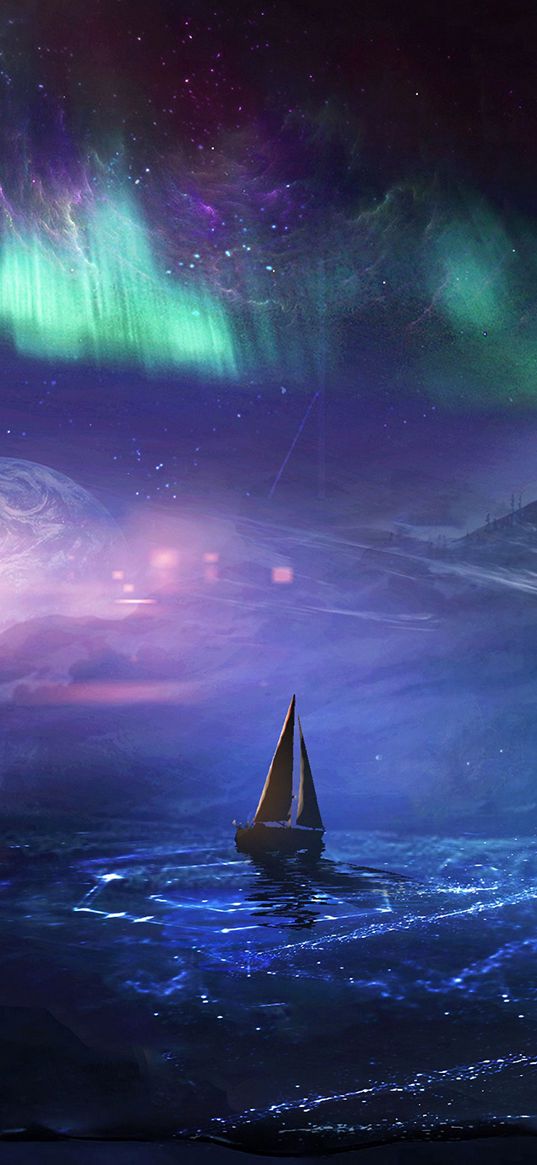 boat, planet, northern lights, art, night