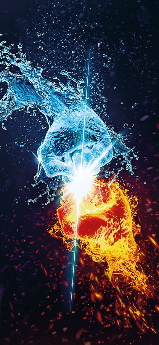 flame, water, hands, opposition, battle, sparks, splashes, art