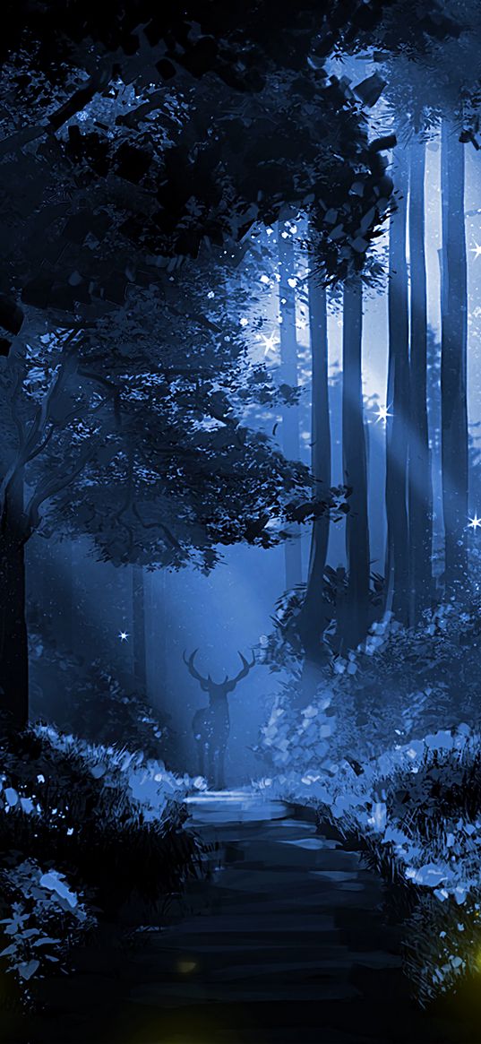 deer, silhouette, forest, art, night