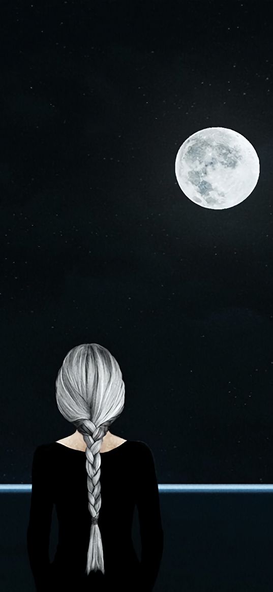 girl, moon, full moon, loneliness, night