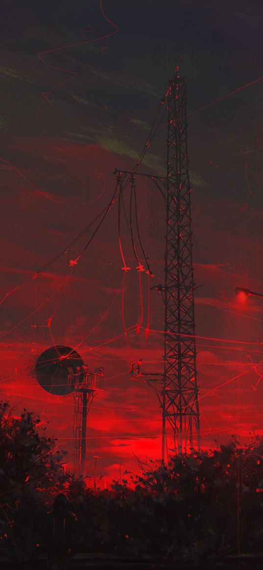 silhouette, wires, pillars, night, art, red