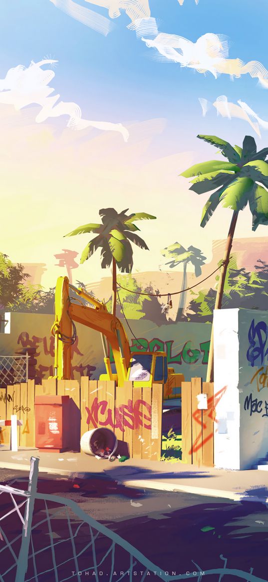 street, palm trees, graffiti, excavator, fence, art