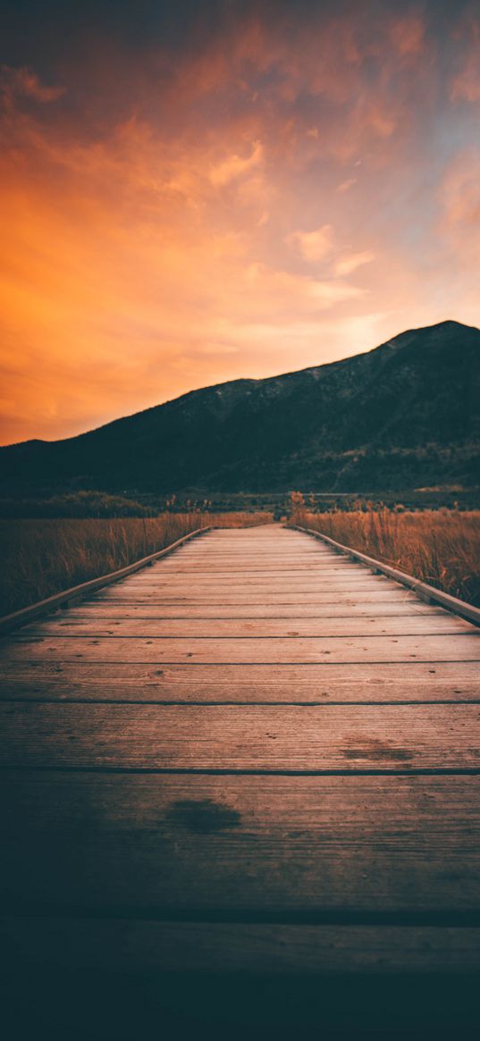 pier, mountains, sunset, boardwalk, wooden, flooring