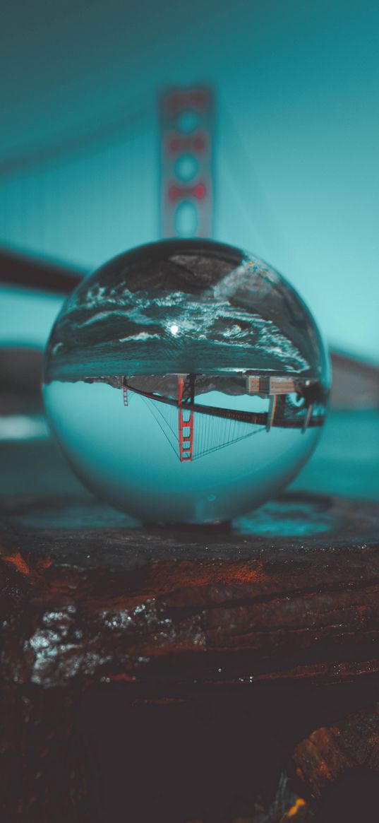 ball, bridge, san francisco, golden gate, glass, reflection, lake