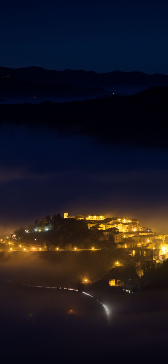 night, city, lights, mountains, fog, italy, aerial view