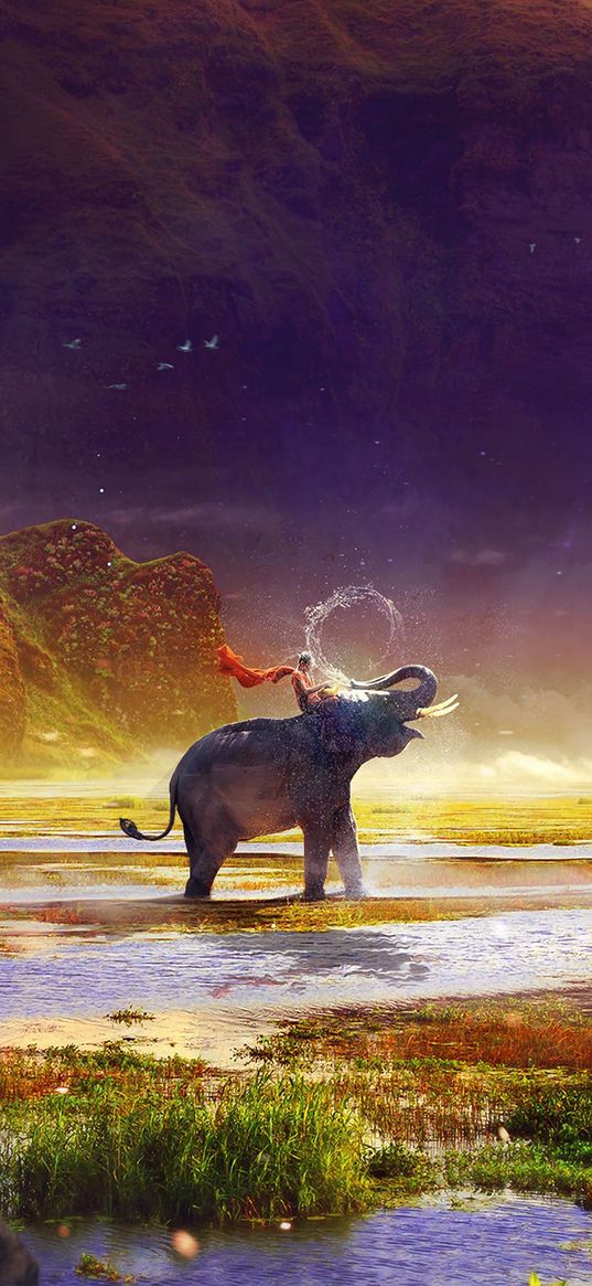 elephant, boy, river, spray, waterfall, photoshop