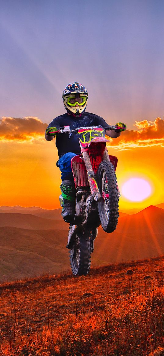 motorcycle, motorcyclist, cross, mountains, sunset, off-road