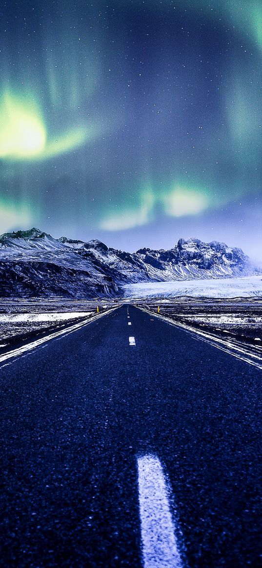 northern lights, aurora, road, marking, mountains, snow