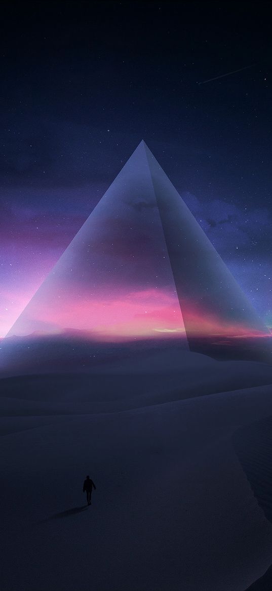 silhouette, desert, pyramid, starry sky, stars