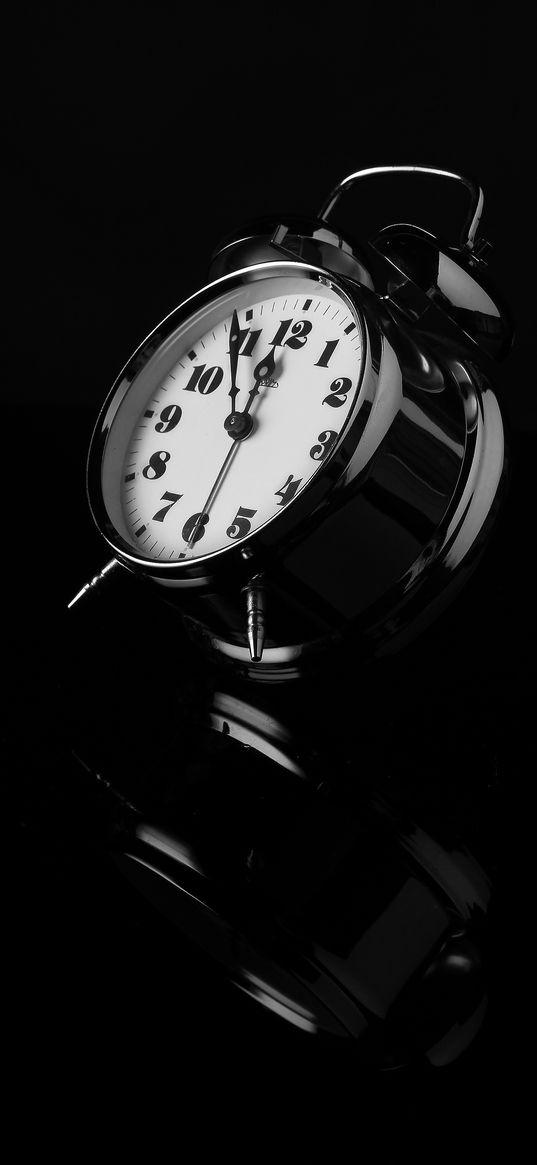 clock, alarm clock, reflection, bw, hands, arrow