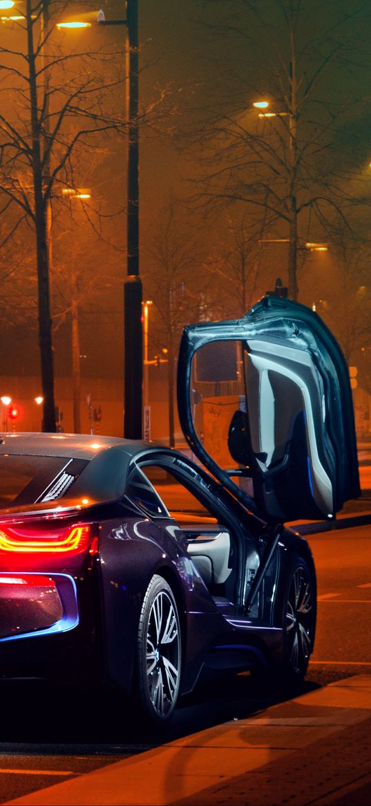 bmw i8, bmw, sportscar, supercar, night, lights, city, parking