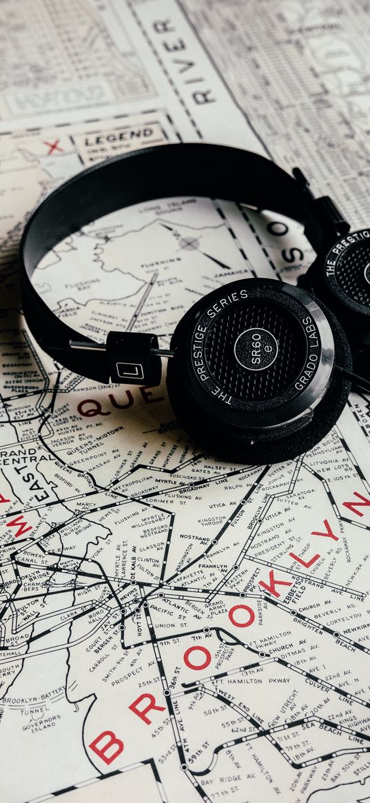 headphones, map, travel, music, audio