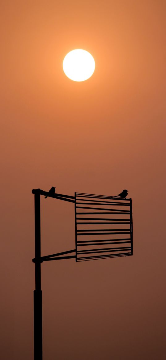 sun, birds, sunset, pole, construction, sky