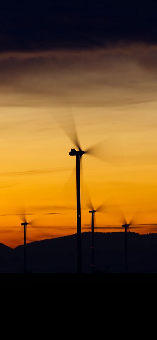 windmills, sunset, energy, wind, electricity, movement, blades, dark, horizon