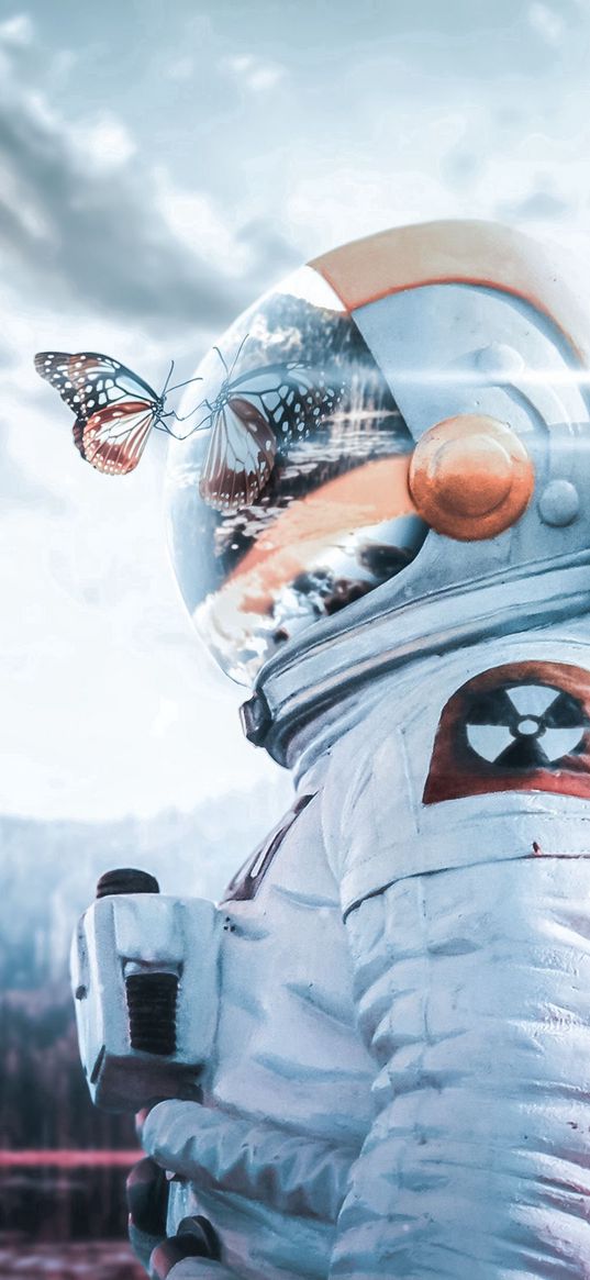 cosmonaut, spacesuit, butterfly, reflection, landscape, radioactive