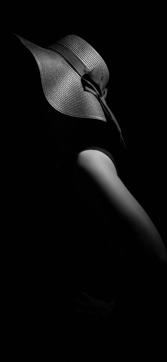 silhouette, figure, hat, girl, noir, bw, shoulder, arm