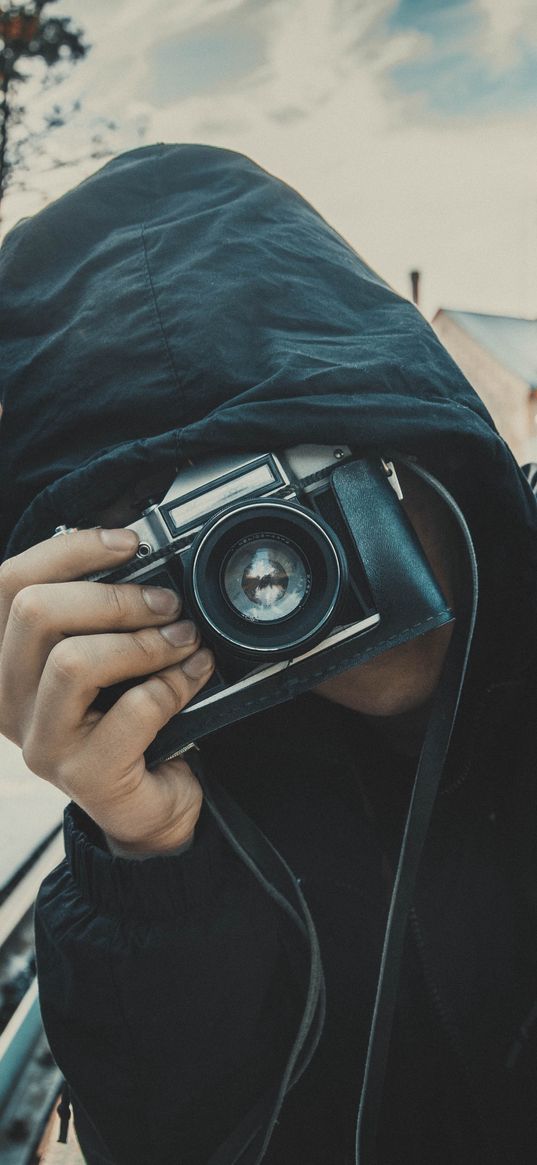 photographer, camera, selfie, hood, lens, hidden face