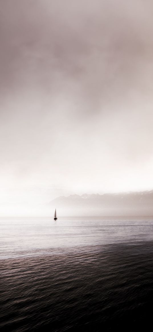 sea, sailboat, fog, waves, distance