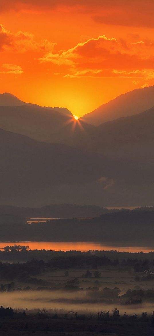 mountains, fog, sunset, sky, clouds, aerial view