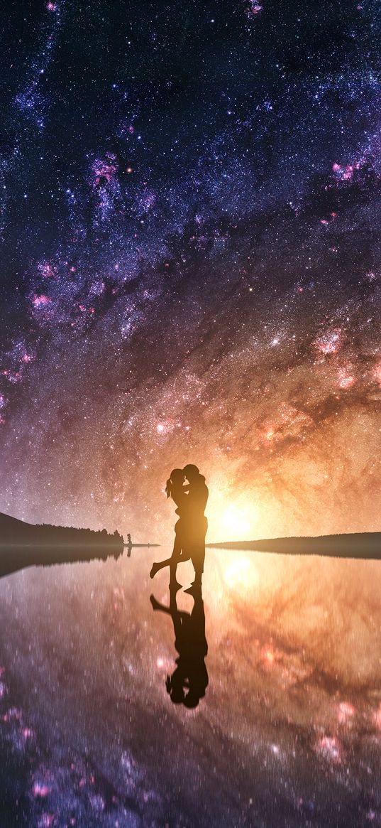 couple, silhouettes, hugs, love, starry sky, photoshop