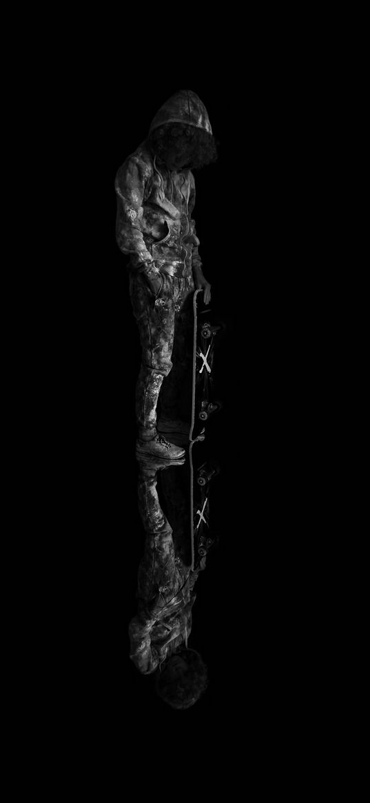 guy, skate, reflection, hood, curly, dark, bw