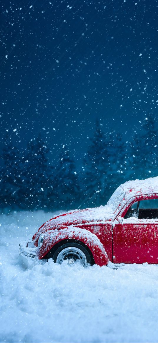 car, retro, winter, snow, snowfall, vintage, red, old