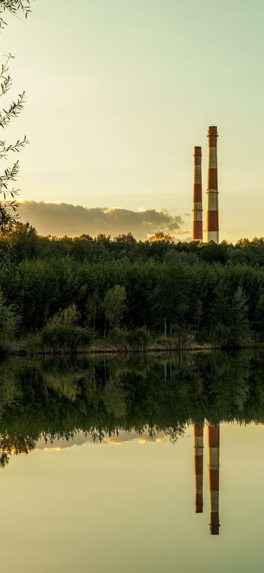 pond, forest, chimney, industry, reflection, nature, industrialization