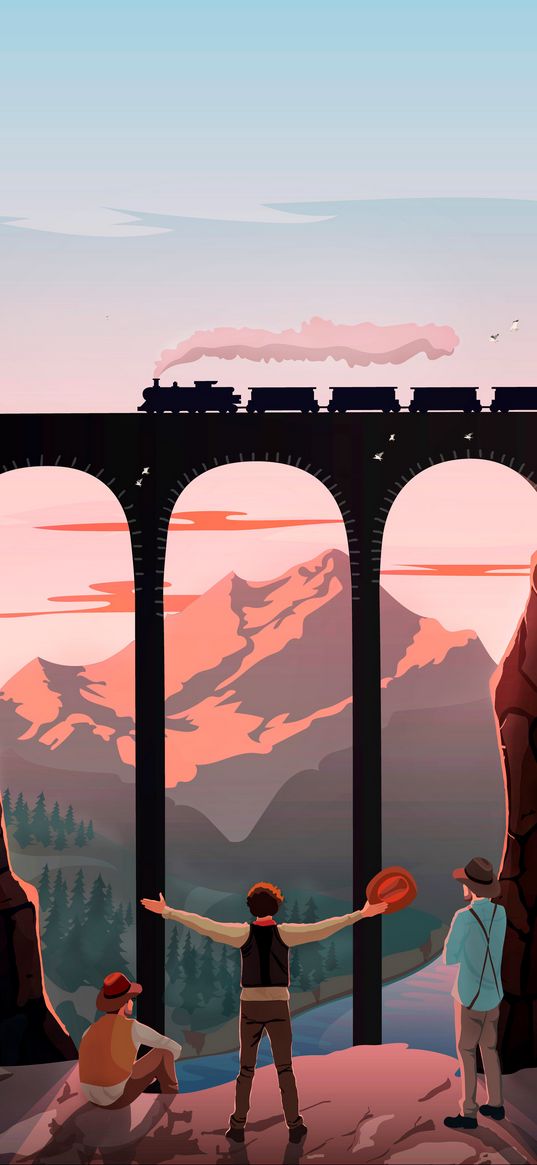 journey, train, mountains, tourists, bridge, art