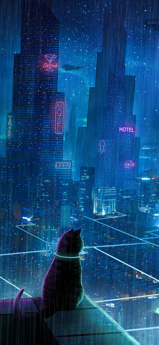 cat, roof, city, neon lights, metropolis, future, cyberpunk