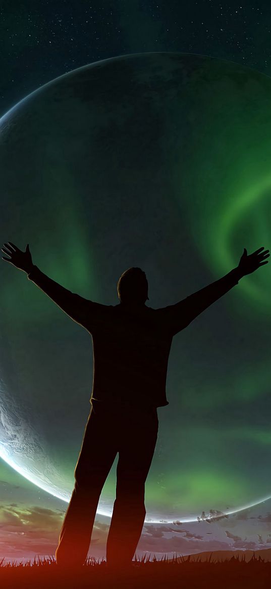 silhouette, night, northern lights, aurora, sky, space, freedom