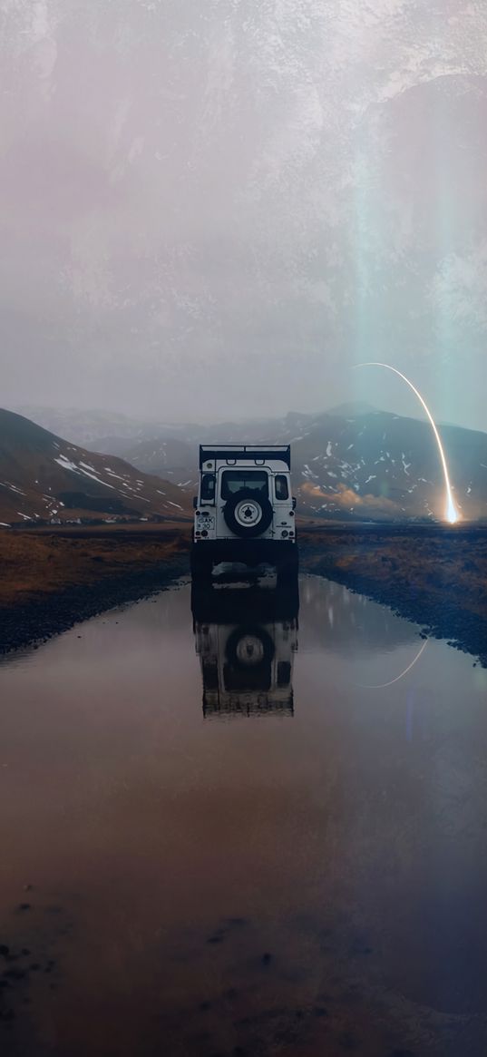 suv, mountains, water, landscape, alien, traveling, meteorite, reflection, photoshop