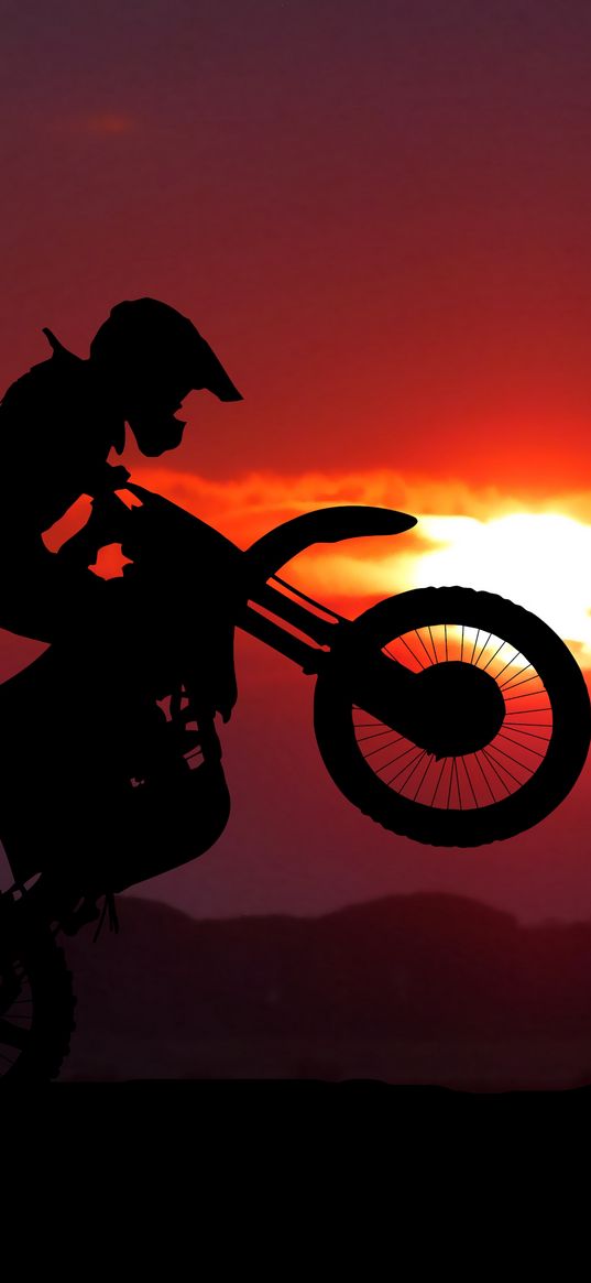 motorcycle, motorcyclist, cross, stunt, silhouette, sunset