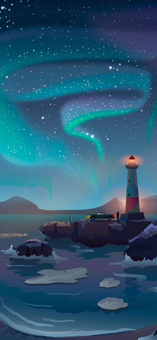 northern lights, sea, lighthouse, shore, watch, night, stars