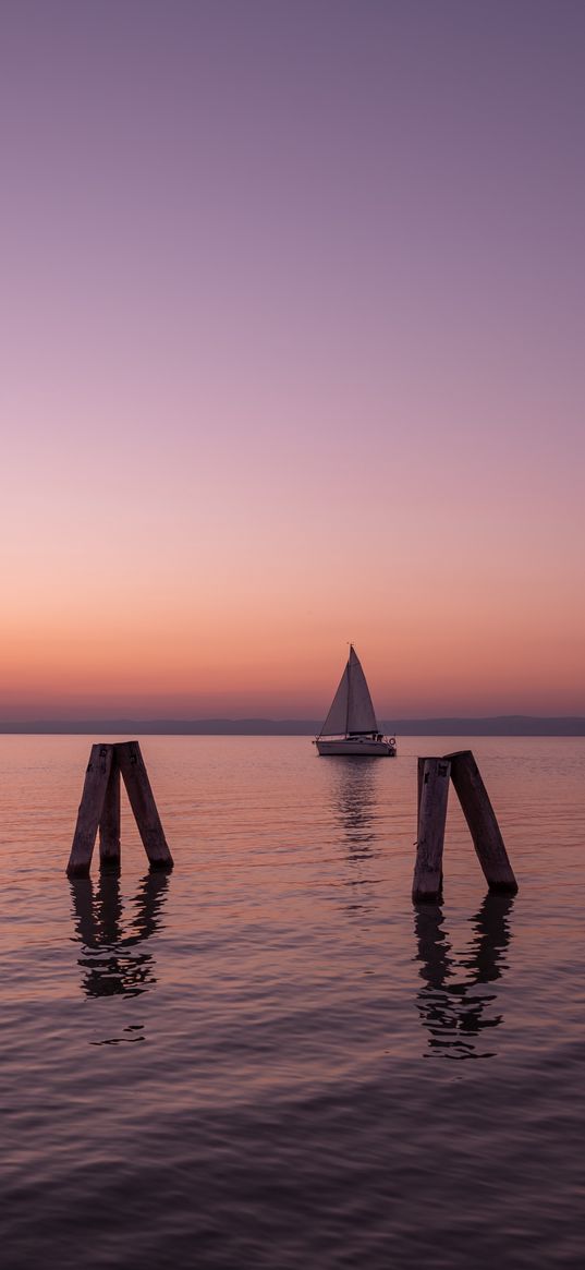 lake, sunset, boat, horizon, lake neusiedl, austria