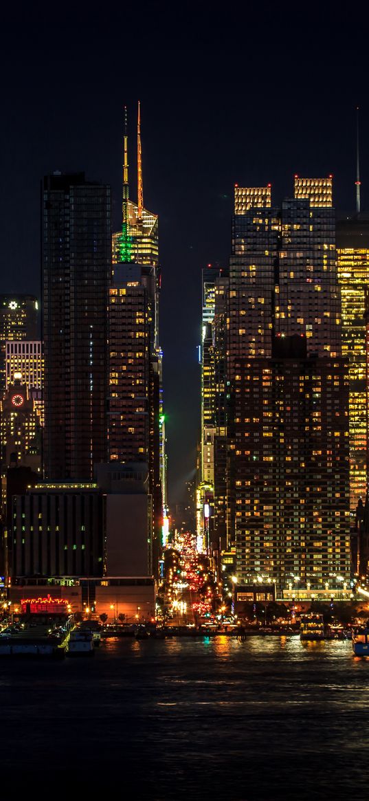 cityscape, night, new york, manhattan, skyscrapers, lights