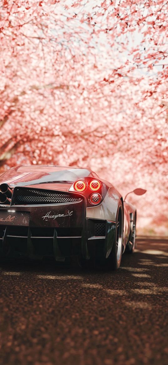 pagani huayra, pagani, sports car, supercar, sakura, rear view