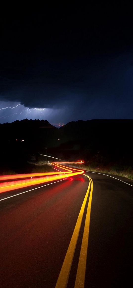 thunderstorm, lightning, road, night, markup, turn