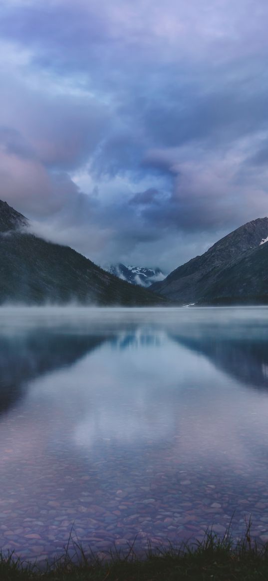 mountains, lake, fog, clouds, altai, russia