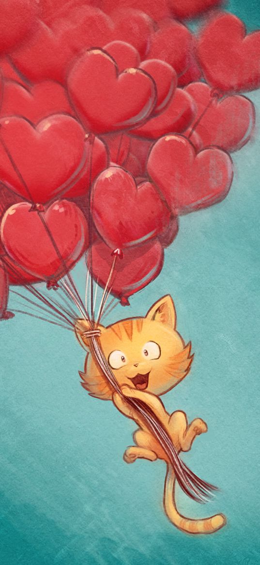 cat, balloons, hearts, flight, sky, art